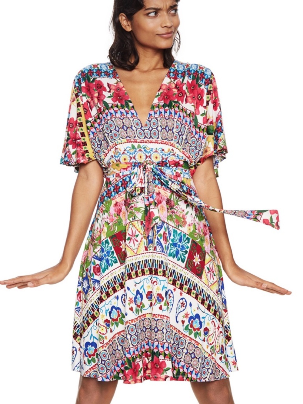 Desigual Leyla Patchwork Floral Dress S V-Neck Tie Waist Boho Fit & Flare